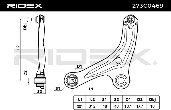 273C0469 Suspension wishbone arm 273C0469 RIDEX with ball joint, with rubber mount, Control Arm, Steel, Cone Size: 18 mm