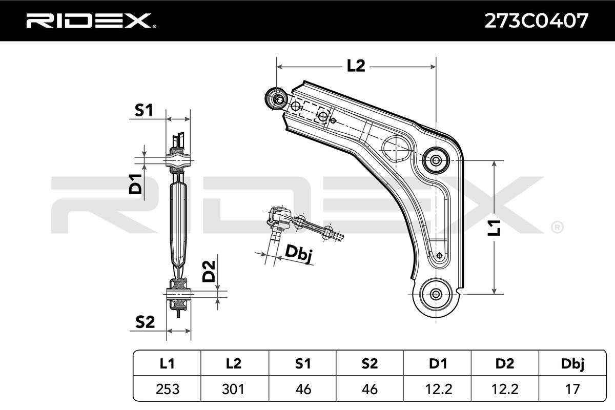 273C0407 Suspension wishbone arm 273C0407 RIDEX with ball joint, Left, Lower, Front Axle, Control Arm, Sheet Steel, Cone Size: 17 mm