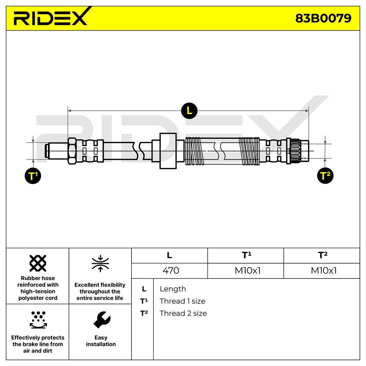 RIDEX 83B0079 Brake hose Front axle both sides, INN. M10x1, 470 mm