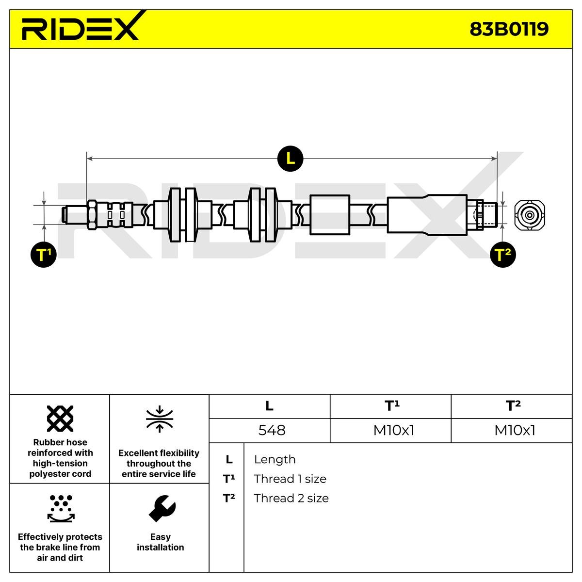 Brake hose RIDEX 83B0119 - BMW 3 Series Pipes and hoses spare parts order