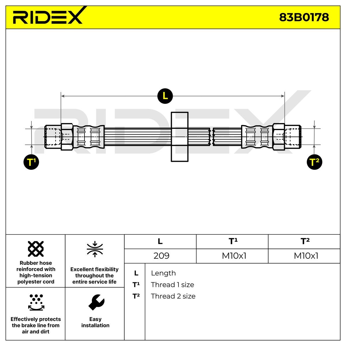 RIDEX 83B0178 Brake hose Rear Axle both sides, INN. M10x1, 209 mm