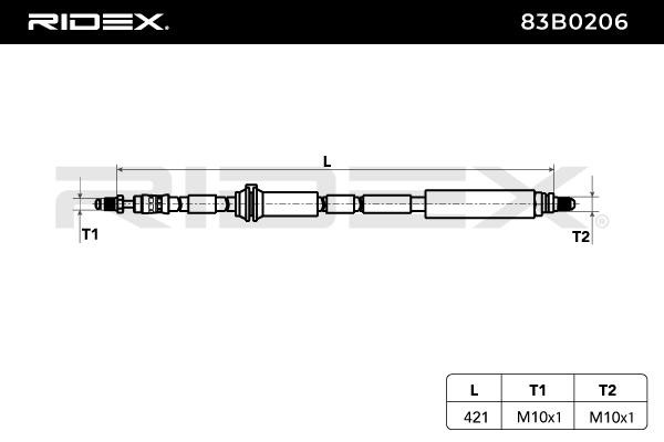 RIDEX 83B0206 Ελαστικοί σωλήνες φρένων (μαρκούτσια) μπροστινός άξονας, 421mm, OUT. M10x1 Ford σε αρχική ποιότητα