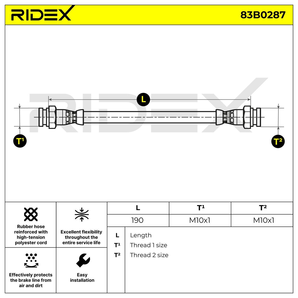 RIDEX 83B0287 Brake hose Rear Axle both sides, 190 mm, INN. M10x1