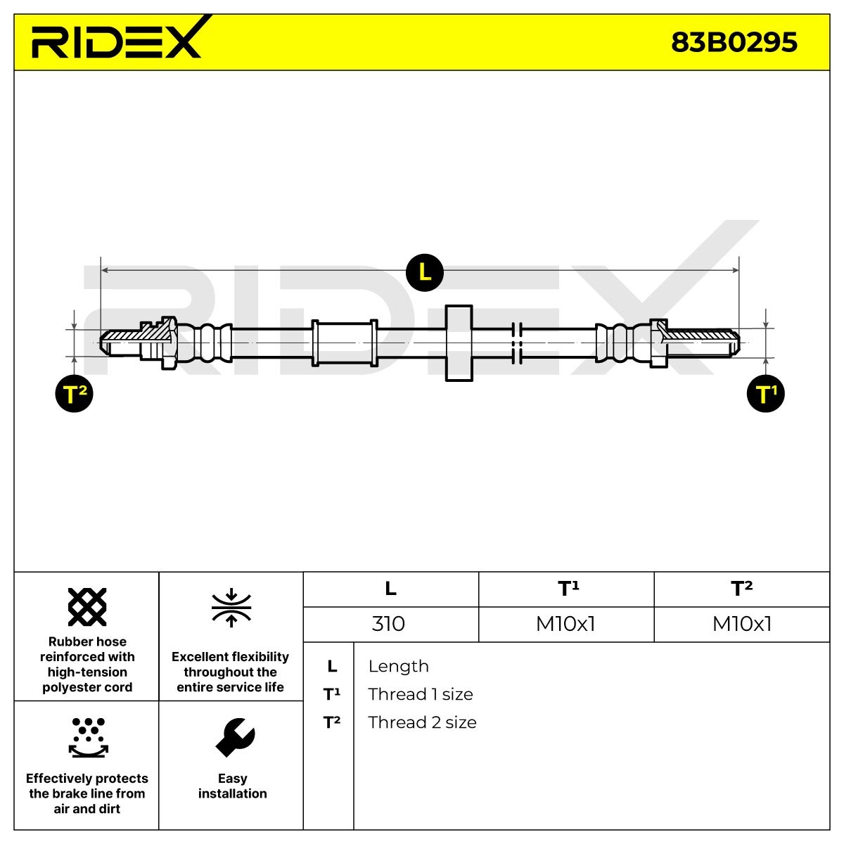 83B0295 Flexible brake pipe 83B0295 RIDEX Rear Axle, Rear Axle Left, 253 mm, M10x1