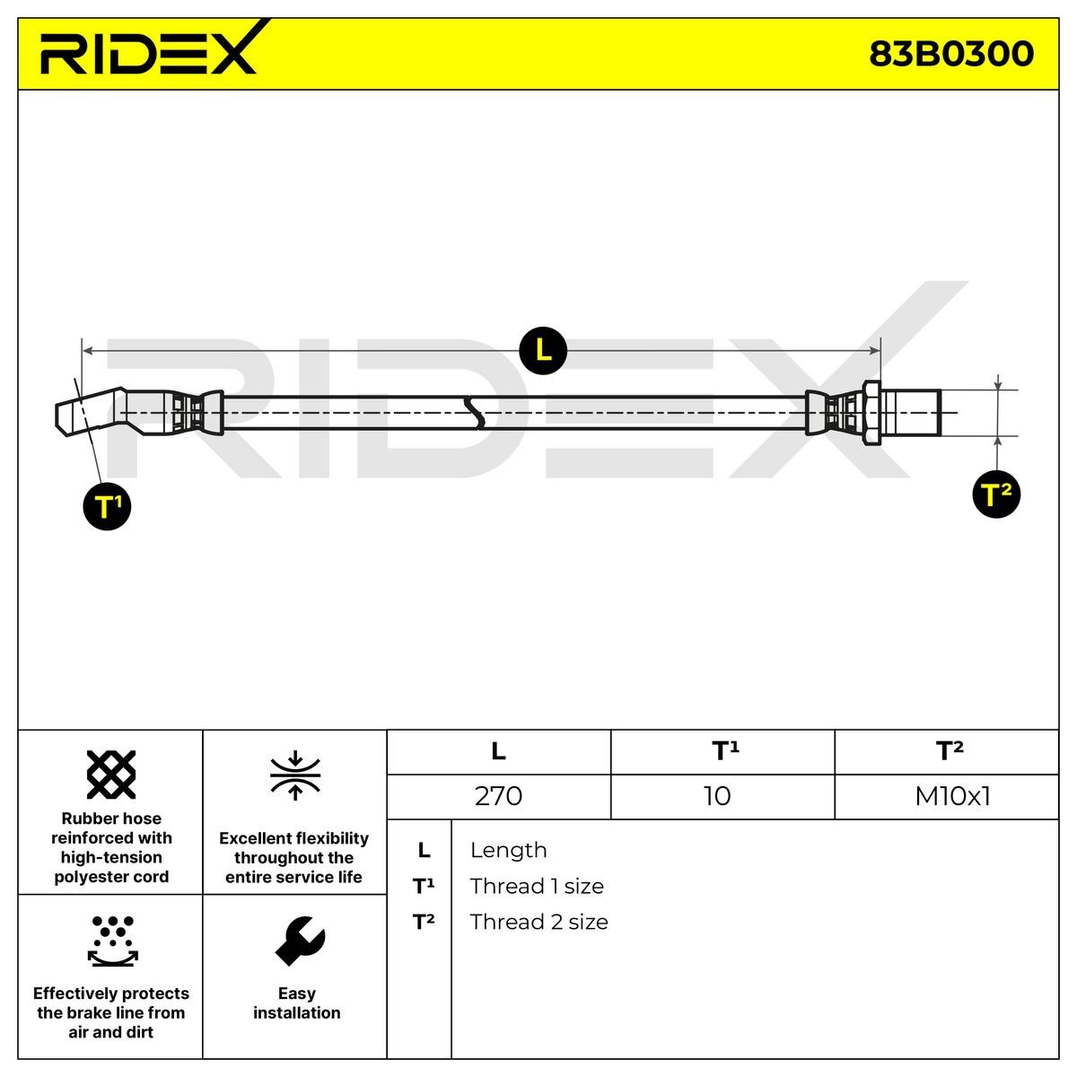 RIDEX 83B0300 Brake hose Rear Axle, BANJO 10.0 mm, 270 mm