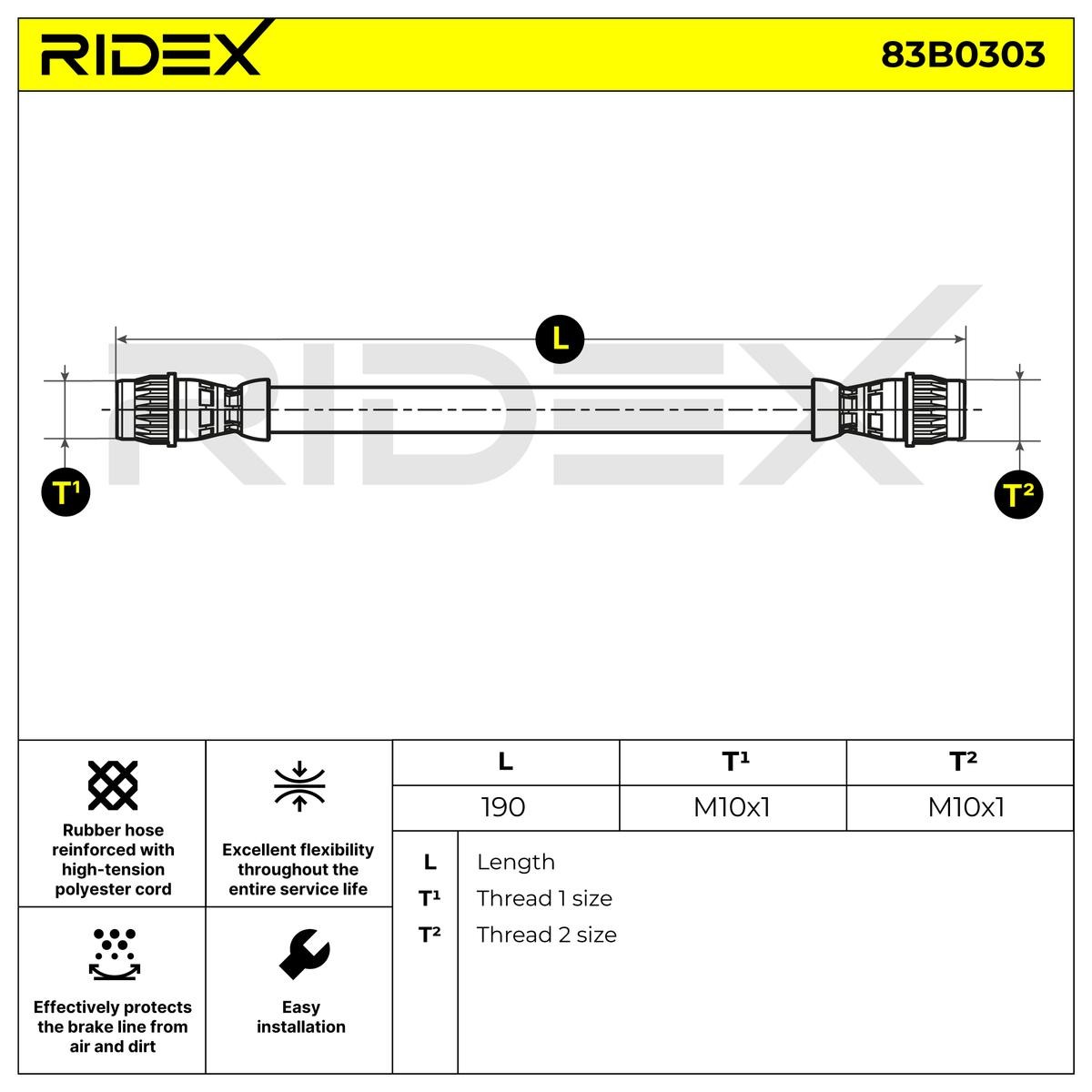 RIDEX 83B0303 Brake hose Rear Axle both sides, 190 mm, Internal Thread