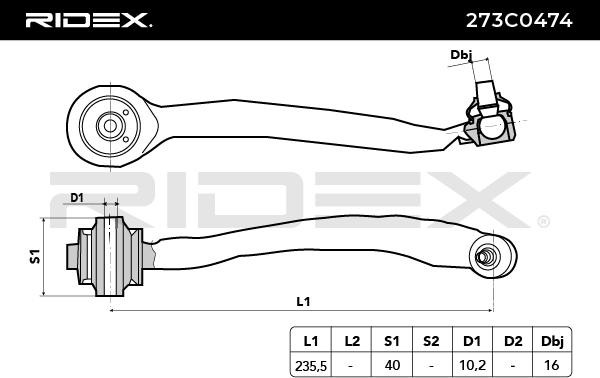 273C0474 Suspension wishbone arm 273C0474 RIDEX with rubber mount, Upper, Rear, Front Axle Right, Control Arm, Aluminium
