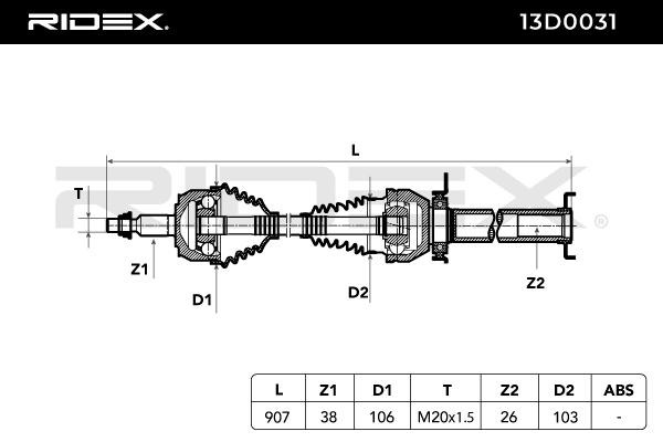 13D0031 CV shaft 13D0031 RIDEX 907mm, with bearing(s)