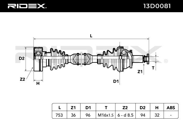 RIDEX 13D0081 CV axle shaft Front Axle, 753mm