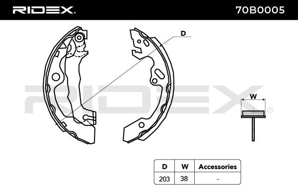 RIDEX Rear Axle, Ø: 203,2 x 38 mm, with handbrake lever Width: 38mm Brake Shoes 70B0005 buy
