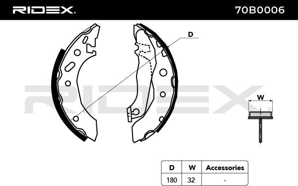 70B0006 Brake Shoes 70B0006 RIDEX Rear Axle, Ø: 180 x 32 mm, with handbrake lever