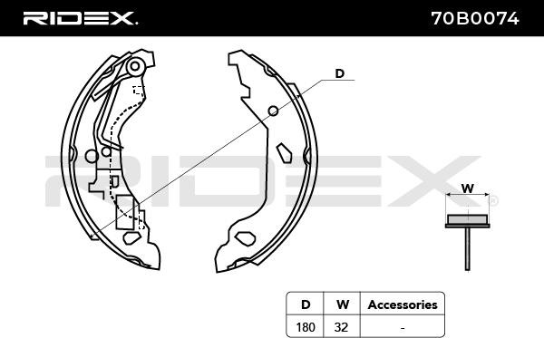RIDEX 70B0074 Brake Shoe Set Rear Axle, Ø: 180 x 32 mm, with lever