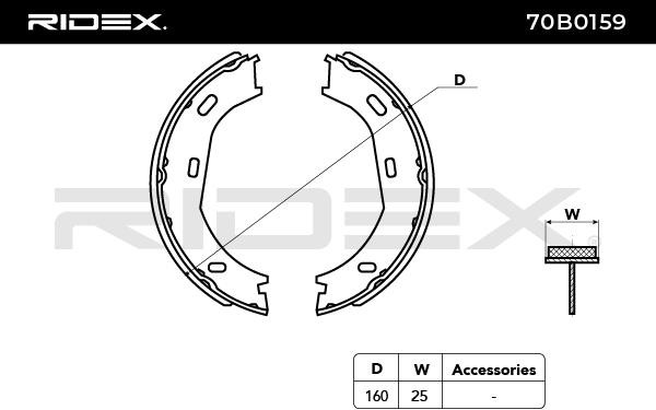 70B0159 Brake Shoes 70B0159 RIDEX Rear Axle, Ø: 160 x 25 mm, without accessories