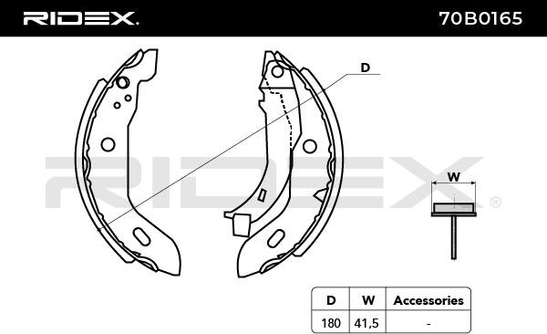 RIDEX 70B0165 Brake Shoe Set Rear Axle, Ø: 180 x 41,5 mm, with lever