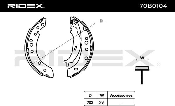 70B0104 Brake Shoes 70B0104 RIDEX Rear Axle, Ø: 203 x 38 mm, with handbrake lever