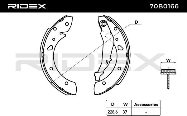 70B0166 Brake Shoes 70B0166 RIDEX Rear Axle, Ø: 228,6 x 37 mm, with lever