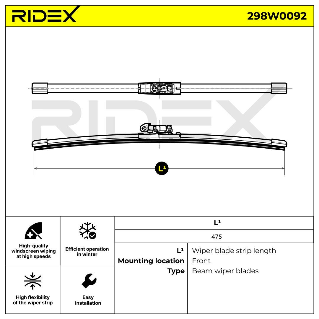298W0092 Window wiper 298W0092 RIDEX 475 mm Front, Beam, for left-hand drive vehicles, 19 Inch