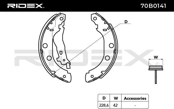 70B0141 Brake Shoes 70B0141 RIDEX Rear Axle, 228,6 x 42 mm, with lever