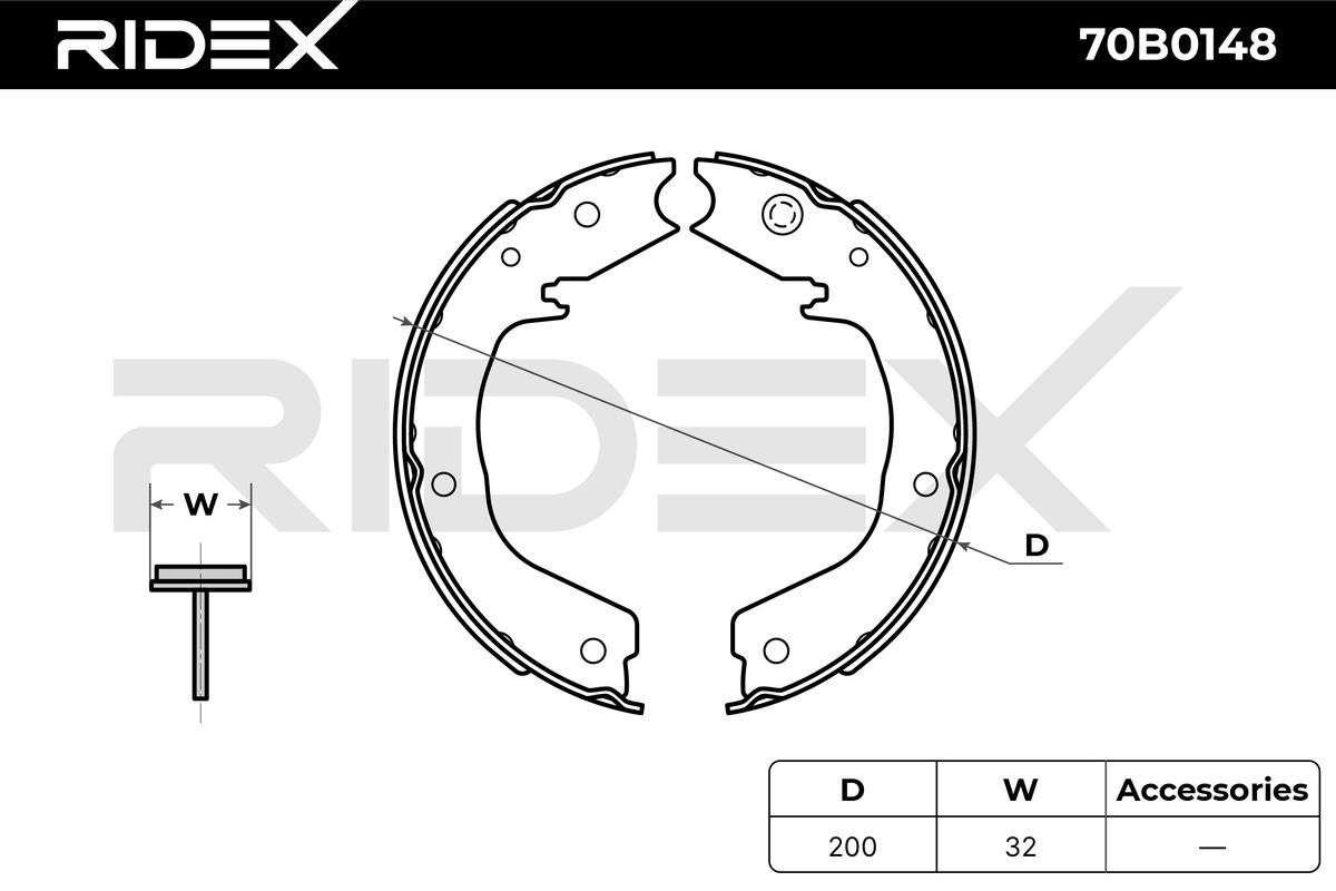 RIDEX 70B0148 Brake Shoe Set Rear Axle, 200 x 32 mm