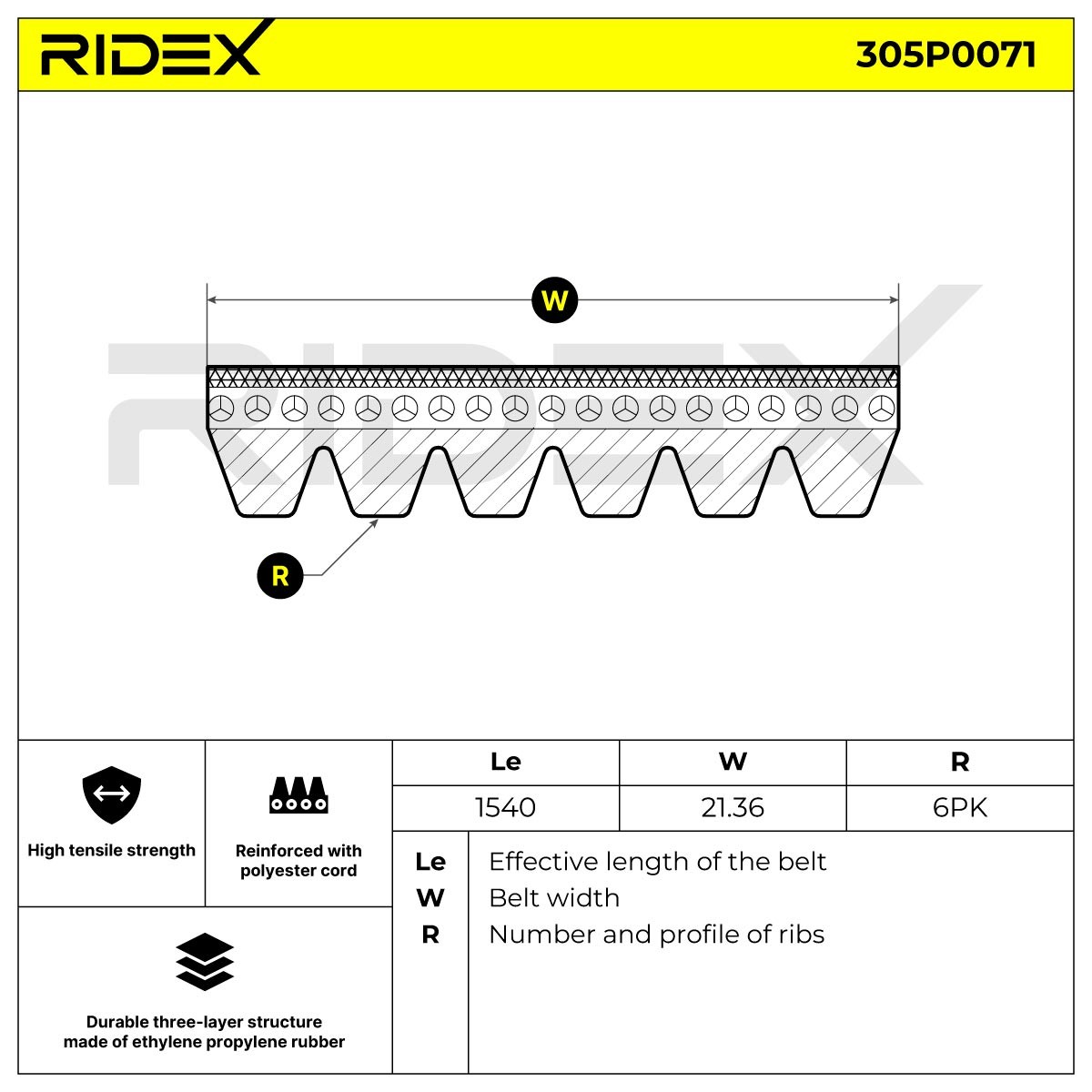 305P0071 Ribbed belt 305P0071 RIDEX 1540mm, 6, EPDM (ethylene propylene diene Monomer (M-class) rubber), Polyester
