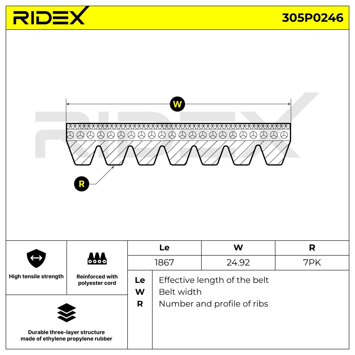 305P0246 Ribbed belt 305P0246 RIDEX 1870mm, 7, Polyester, EPDM (ethylene propylene diene Monomer (M-class) rubber)