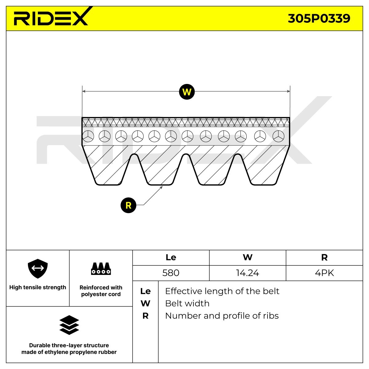 305P0339 Ribbed belt 305P0339 RIDEX 580mm, 4, Polyester, EPDM (ethylene propylene diene Monomer (M-class) rubber)