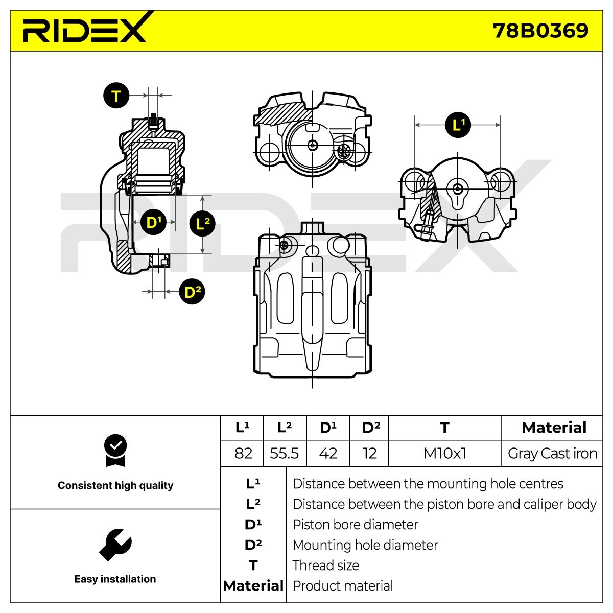 78B0369 Caliper 78B0369 RIDEX Grey Cast Iron, Cast Iron, 82mm, Rear Axle Right, without holder