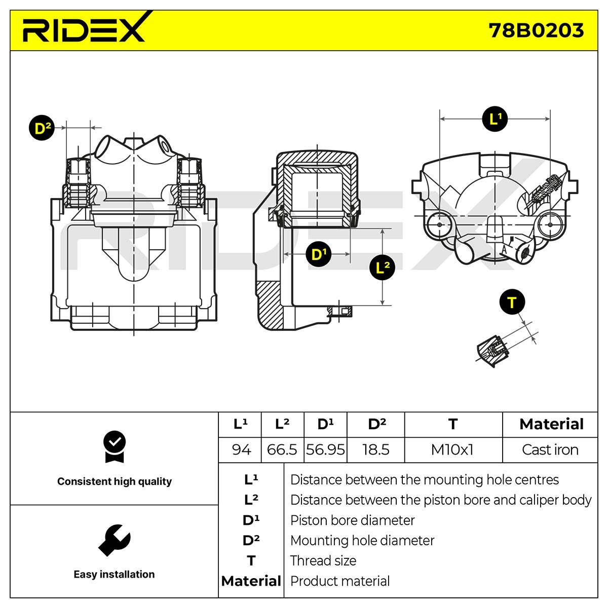 78B0203 Caliper 78B0203 RIDEX Grey Cast Iron, Cast Iron, 94mm, Front Axle Left, without holder
