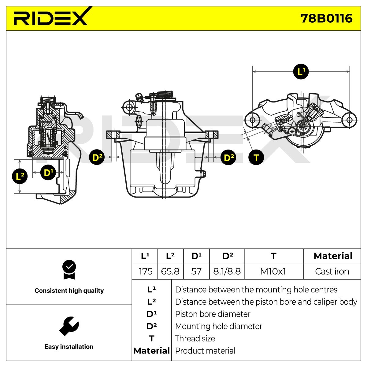 78B0116 Caliper 78B0116 RIDEX Cast Iron, 190mm, without holder