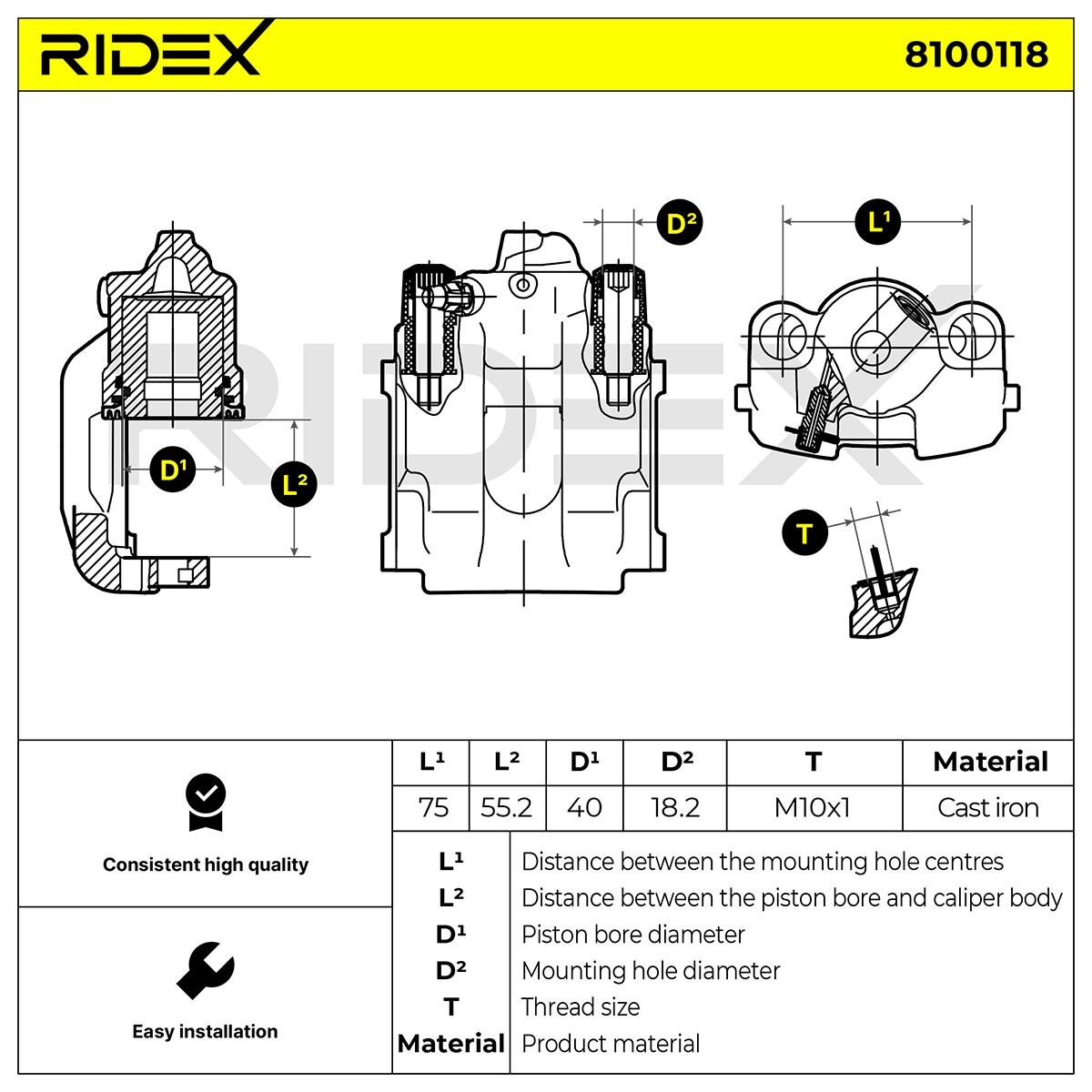 RIDEX 78B0125 Brake caliper Cast Iron, 76mm, Rear Axle Left, behind the axle, without holder