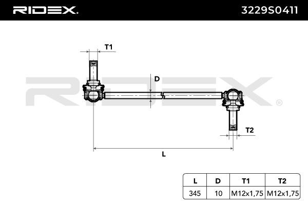 3229S0411 Anti-roll bar linkage 3229S0411 RIDEX Front axle both sides, 345mm, M12 x 1.75