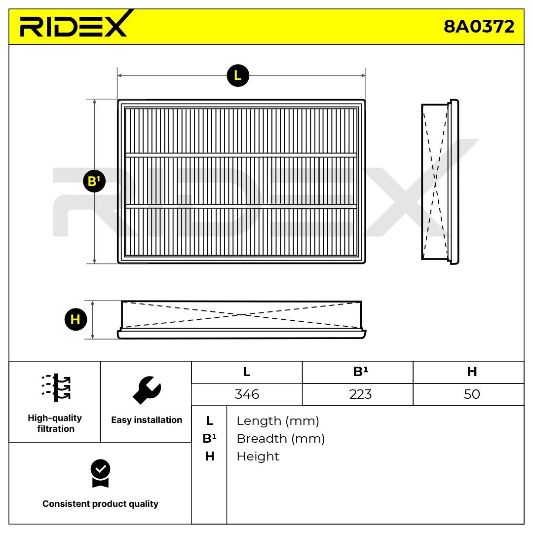 8A0372 Air filter 8A0372 RIDEX 50mm, 223mm, 347mm, rectangular, Filter Insert