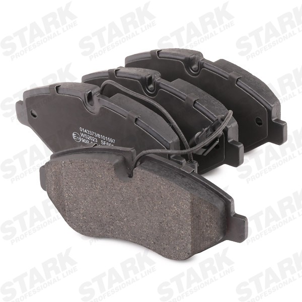 STARK SKBP-0011594 Disc pads Front Axle, Low-Metallic, with integrated wear sensor, with brake caliper screws, with attachment material