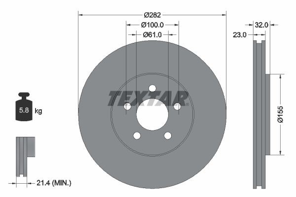 TEXTAR PRO 92269303 Brake disc 282x23mm, 05/05x100, internally vented, Coated