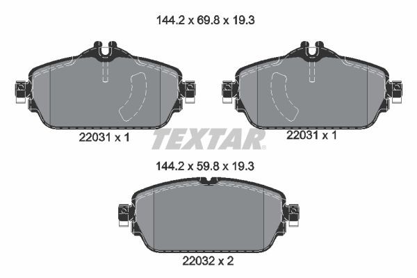 22031 TEXTAR prepared for wear indicator Height 1: 69,8mm, Height 2: 59,8mm, Width: 144mm, Thickness: 19,3mm Brake pads 2203101 buy