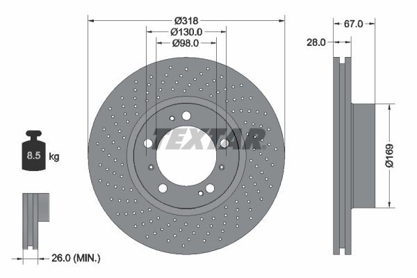 98200 0999 0 1 PRO+ TEXTAR PRO+ 318x28mm, 05/09x130, Perforated, internally vented, Coated, Alloyed/High-carbon Ø: 318mm, Brake Disc Thickness: 28mm Brake rotor 92099907 buy