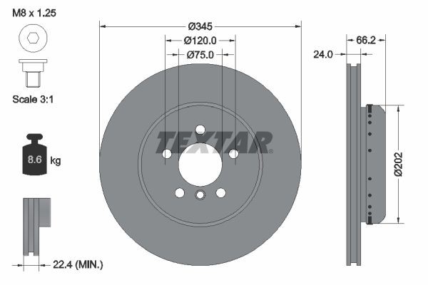 TEXTAR PRO+ 92265625 Brake disc 345x24mm, 05/06x120, two-part brake disc, internally vented, Coated, High-carbon