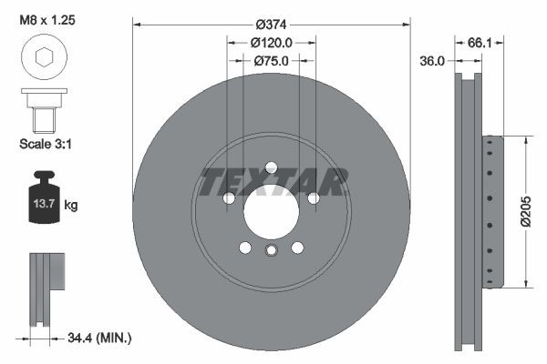 TEXTAR PRO+ 92266025 Brake disc 374x36mm, 05/06x120, internally vented, two-part brake disc, Coated, High-carbon