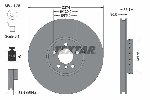 TEXTAR PRO+ 92266225 Brake disc 374x36mm, 05/06x120, two-part brake disc, internally vented, Coated, High-carbon