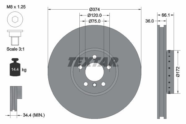 TEXTAR PRO+ 92266325 Brake disc 374x36mm, 05/06x120, two-part brake disc, internally vented, Coated, High-carbon