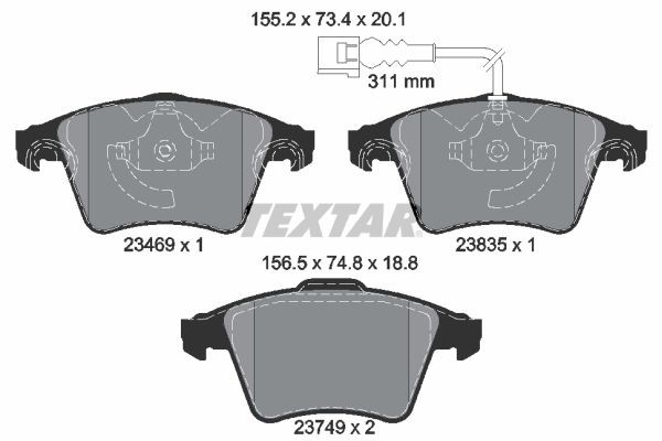 23469 TEXTAR with integrated wear warning contact Height 1: 73,4mm, Height 2: 74,8mm, Width 1: 155,2mm, Width 2 [mm]: 156,5mm, Thickness 1: 20,1mm, Thickness 2: 18,8mm Brake pads 2346901 buy