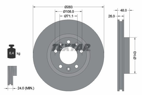 TEXTAR PRO 92267203 Brake disc 283x26mm, 05/08x108, internally vented, Coated