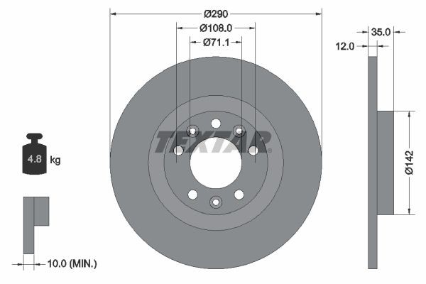 92267303 TEXTAR Brake rotors PEUGEOT 290x12mm, 05/08x108, solid, Coated