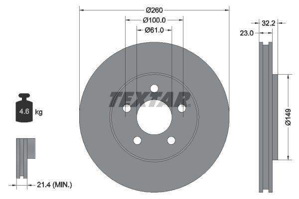 TEXTAR PRO 92271603 Brake disc 260x23mm, 05/05x100, internally vented, Coated