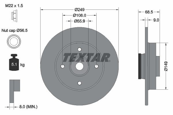 TEXTAR PRO 92133303 Brake disc 249x9mm, 04/04x108, solid, Coated