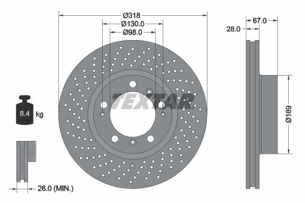 TEXTAR PRO+ 92100007 Brake disc 318x28mm, 05/09x130, internally vented, Perforated, Coated, Alloyed/High-carbon