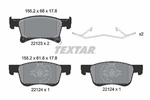 22123 TEXTAR with acoustic wear warning, with accessories Height 1: 68mm, Height 2: 61,8mm, Width: 155mm, Thickness: 17,8mm Brake pads 2212301 buy