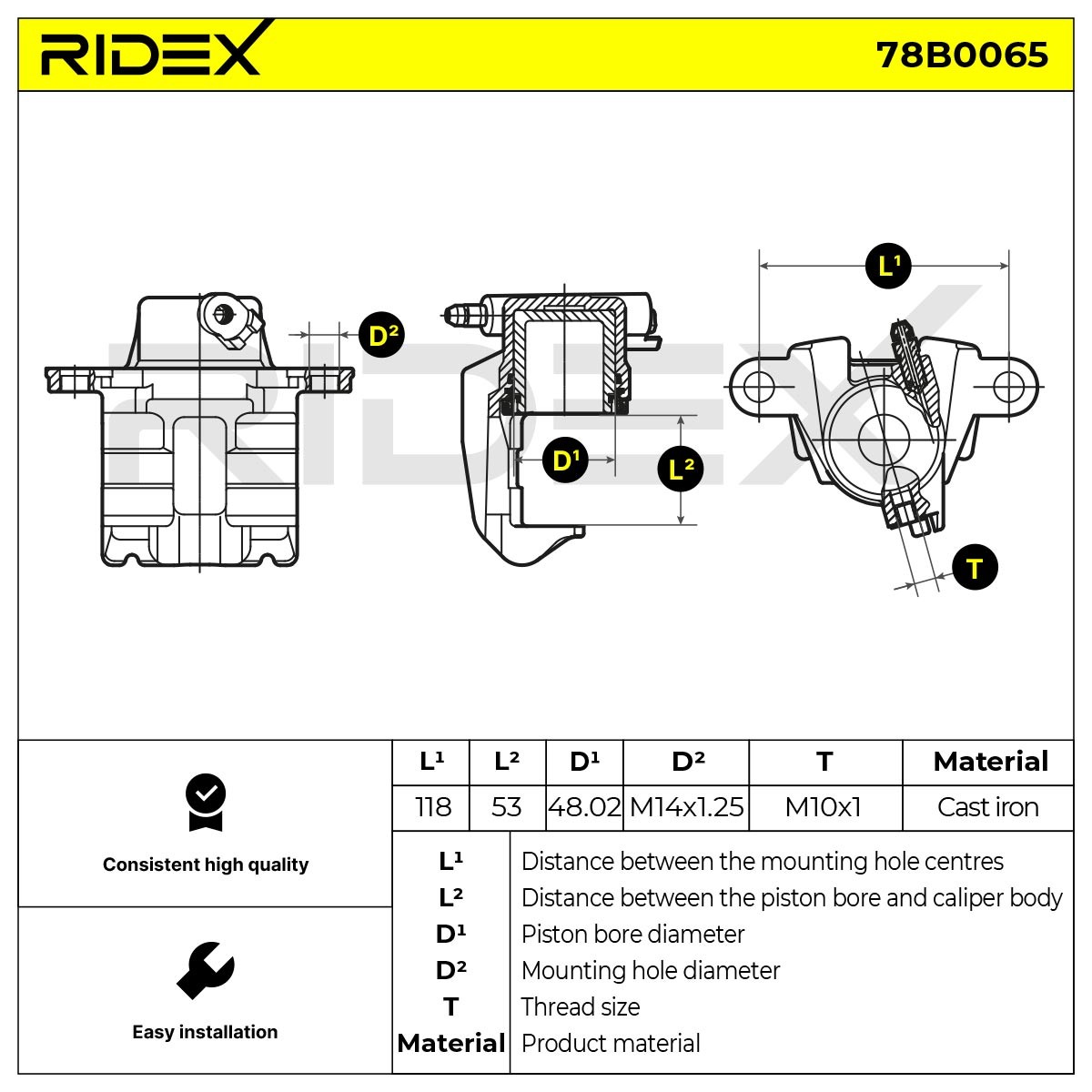 78B0065 Caliper 78B0065 RIDEX Grey Cast Iron, Cast Iron, 117mm, Rear Axle Left, without holder