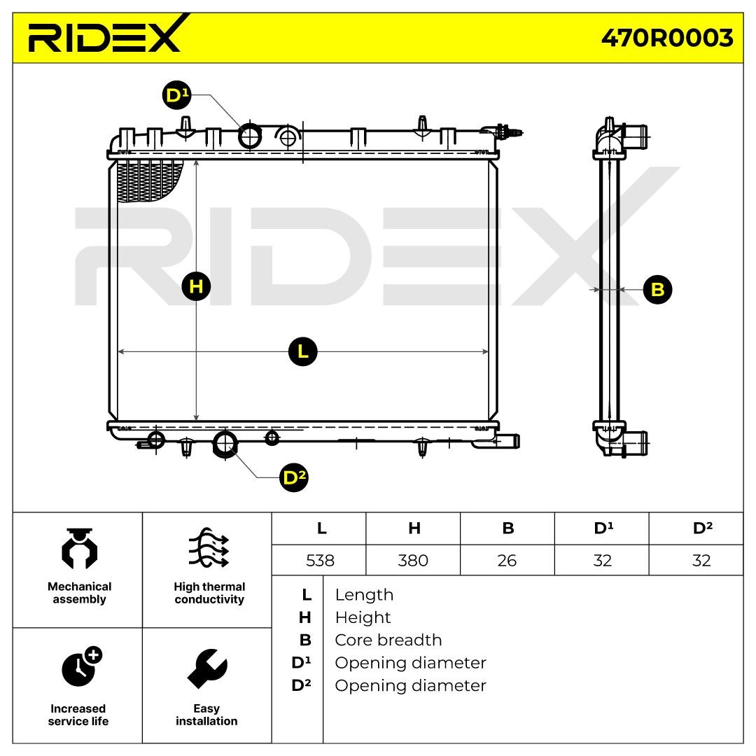RIDEX 470R0003 Engine radiator Aluminium, Plastic, Aluminium x 538, with accessories, Manual-/optional automatic transmission, Mechanically jointed cooling fins