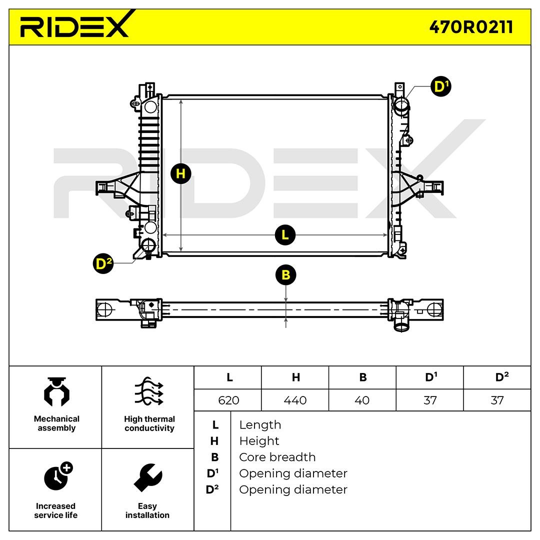 470R0211 Radiator 470R0211 RIDEX Aluminium, 620 x 422 x 40 mm, without frame, Brazed cooling fins